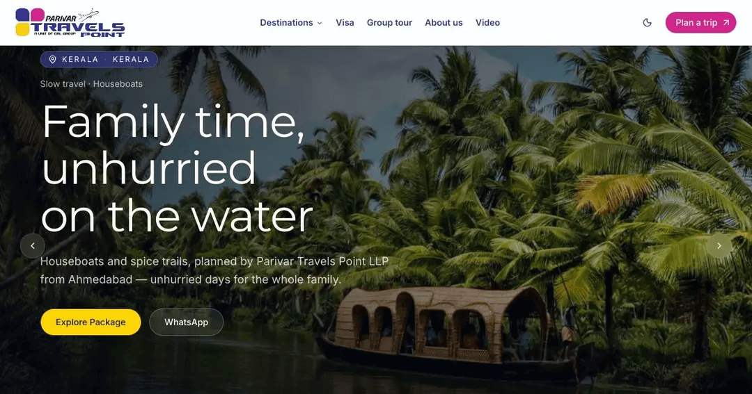 Parivar Travels Point homepage: Kerala houseboat hero, Explore Package and WhatsApp