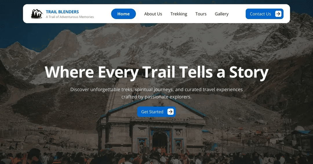 Trailblenders homepage: Himalayan temple hero, Trekking, Tours, and Contact Us